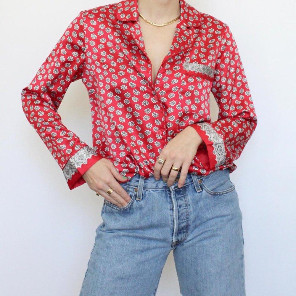 Silky Printed Block Red Blouse Sleep Shirt